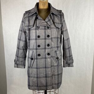 Farvalue Plaid Trench Coat Sz Large Water Resistant Double Breasted Gray Black